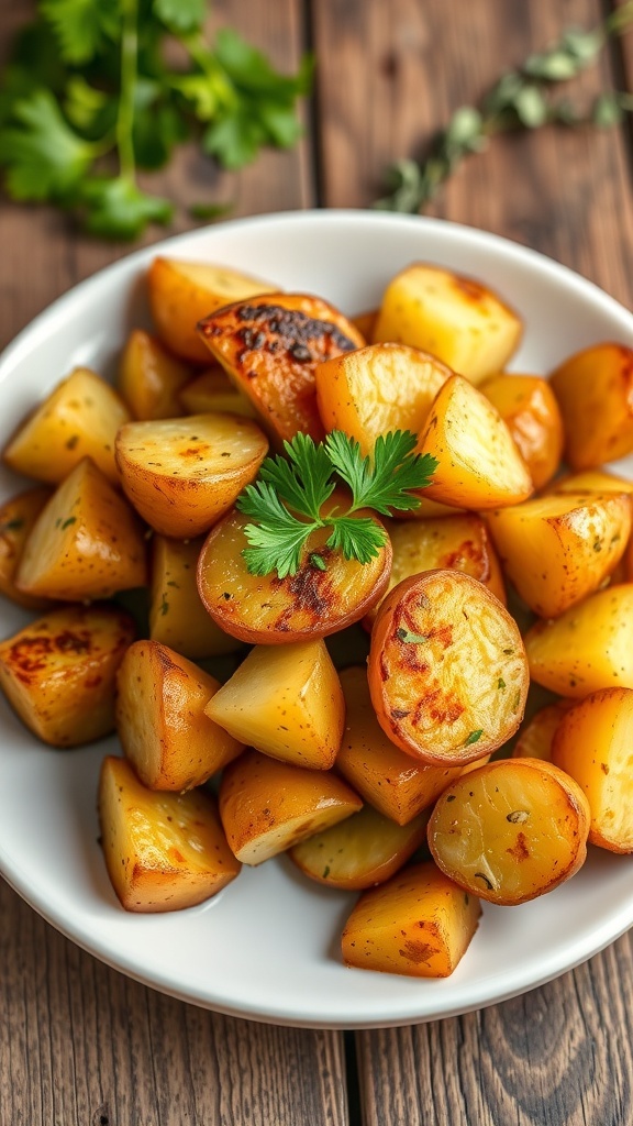 Crispy herb roasted potatoes on a plate, garnished with parsley, on a rustic wooden table.